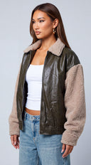 Viretta Faux Leather Sherpa Jacket - Olive Multi