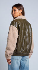 Viretta Faux Leather Sherpa Jacket - Olive Multi