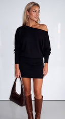 Elana Off Shoulder Sweater Mini Dress - Black