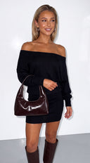 Elana Off Shoulder Sweater Mini Dress - Black