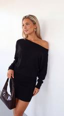 Elana Off Shoulder Sweater Mini Dress - Black