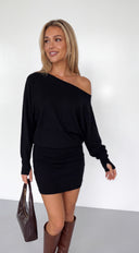 Elana Off Shoulder Sweater Mini Dress - Black