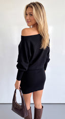 Elana Off Shoulder Sweater Mini Dress - Black