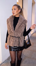 Avyra Belted Faux Fur Vest - Taupe Brown