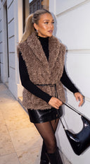 Avyra Belted Faux Fur Vest - Taupe Brown