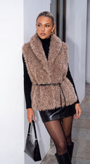 Avyra Belted Faux Fur Vest - Taupe Brown