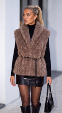 Avyra Belted Faux Fur Vest - Taupe Brown