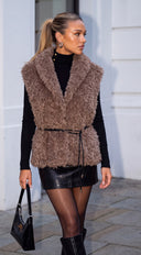Avyra Belted Faux Fur Vest - Taupe Brown