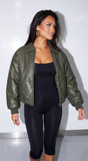 Calvera Faux Leather Collared Bomber Jacket - Olive