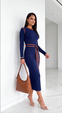 Solvienne Contrast Trim Belted Knit Midi Dress - Navy