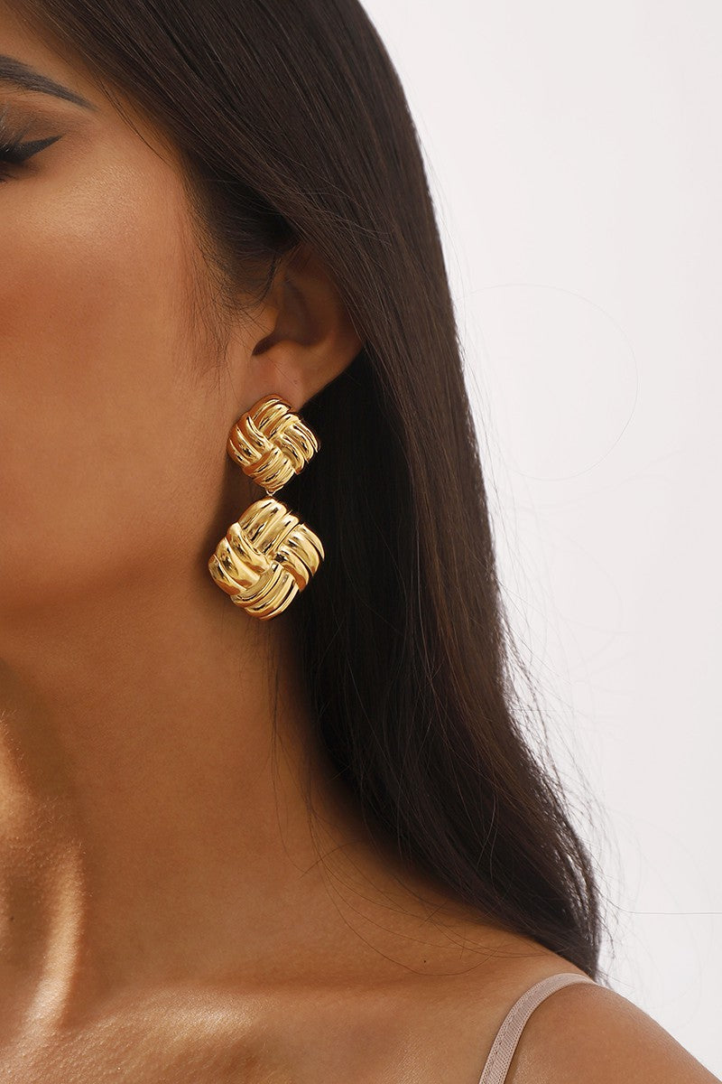 Gold Plated Striped Square Drop Earrings -  Gold