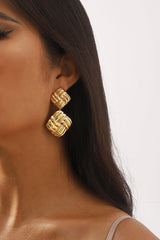 Gold Plated Striped Square Drop Earrings -  Gold