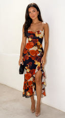 Velorosa Floral Ruffle Midi Dress - Black Multi