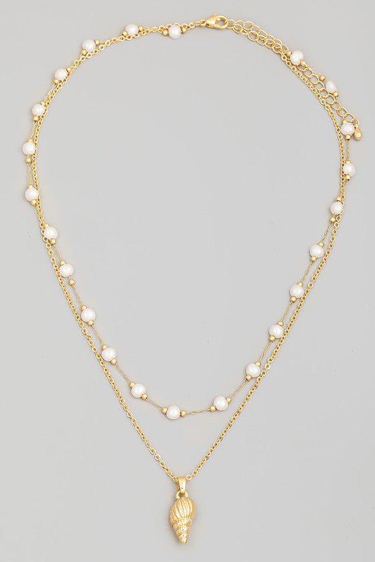 Conch Charm Pearl Beads Layered Necklace - Gold