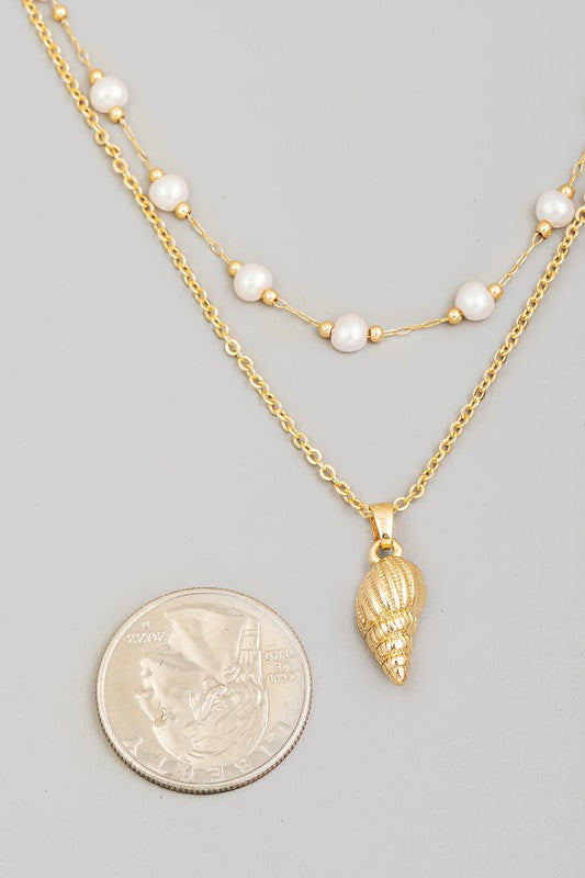 Conch Charm Pearl Beads Layered Necklace - Gold