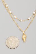 Conch Charm Pearl Beads Layered Necklace - Gold
