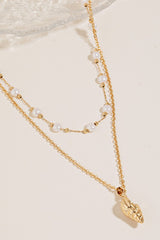 Conch Charm Pearl Beads Layered Necklace - Gold