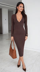Zevra Snatched Ribbed V-Neck Midi Dress - Brown