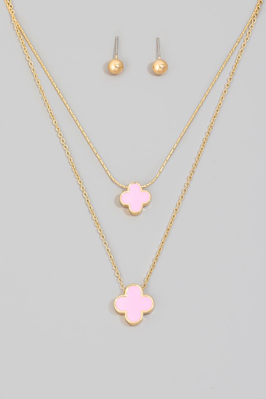 Double Clover Charm Layered Necklace & Earrings Set - Pink