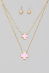 Double Clover Charm Layered Necklace & Earrings Set - Pink