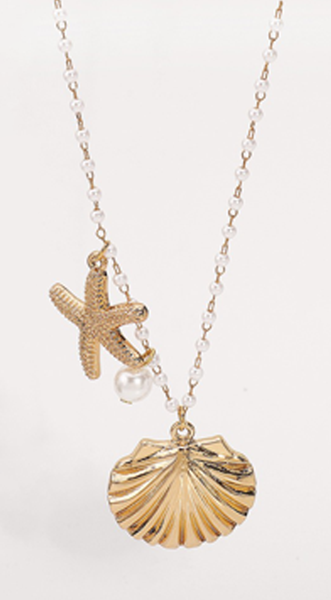 Pearl Chain Starfish Shell Necklace - Gold
