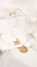 Pearl Chain Starfish Shell Necklace - Gold