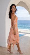 Esperalia Floral Halter Asymmetric Midi Dress - Orange Multi
