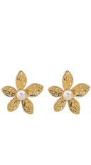 Tina Pearl Metal Floral Stud Earrings - Gold