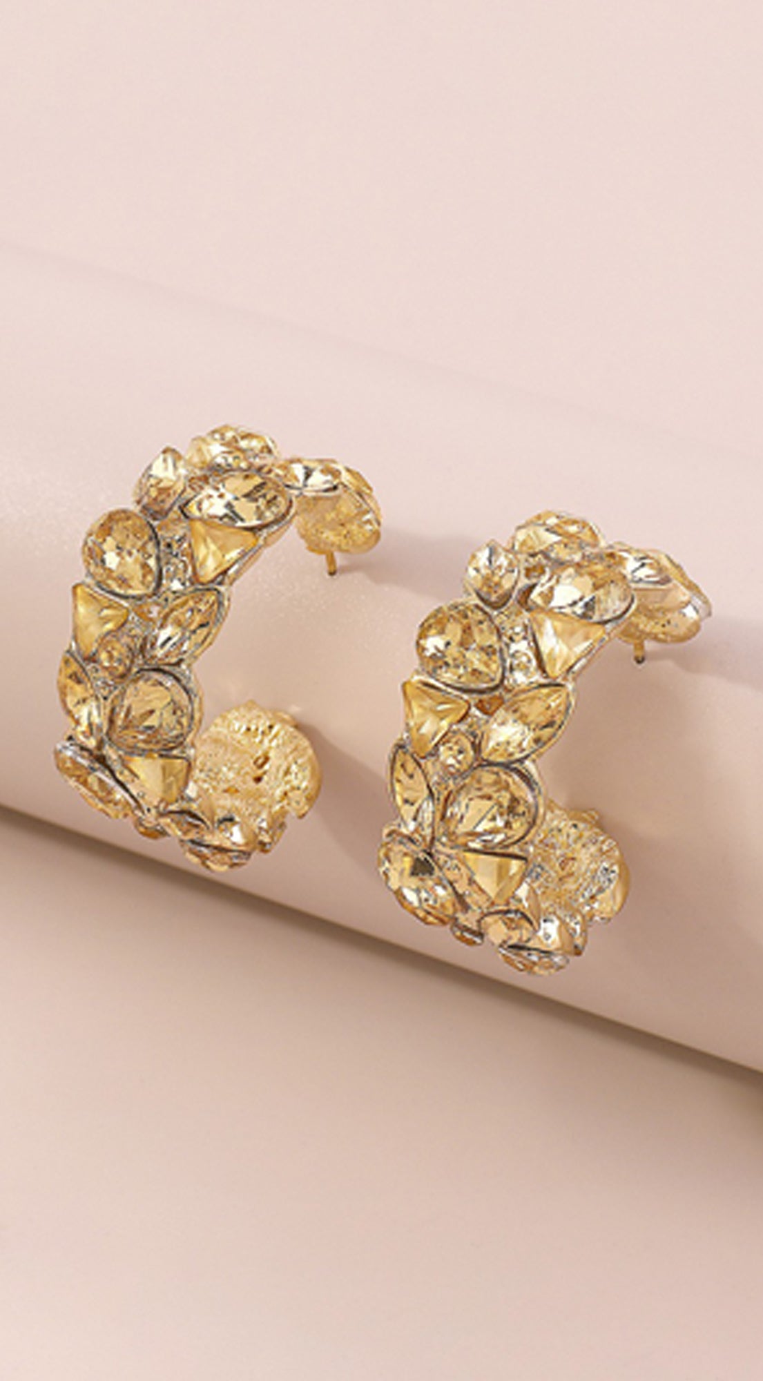 Rainbow Rhinestone C-shaped Hoop Earrings - Gold