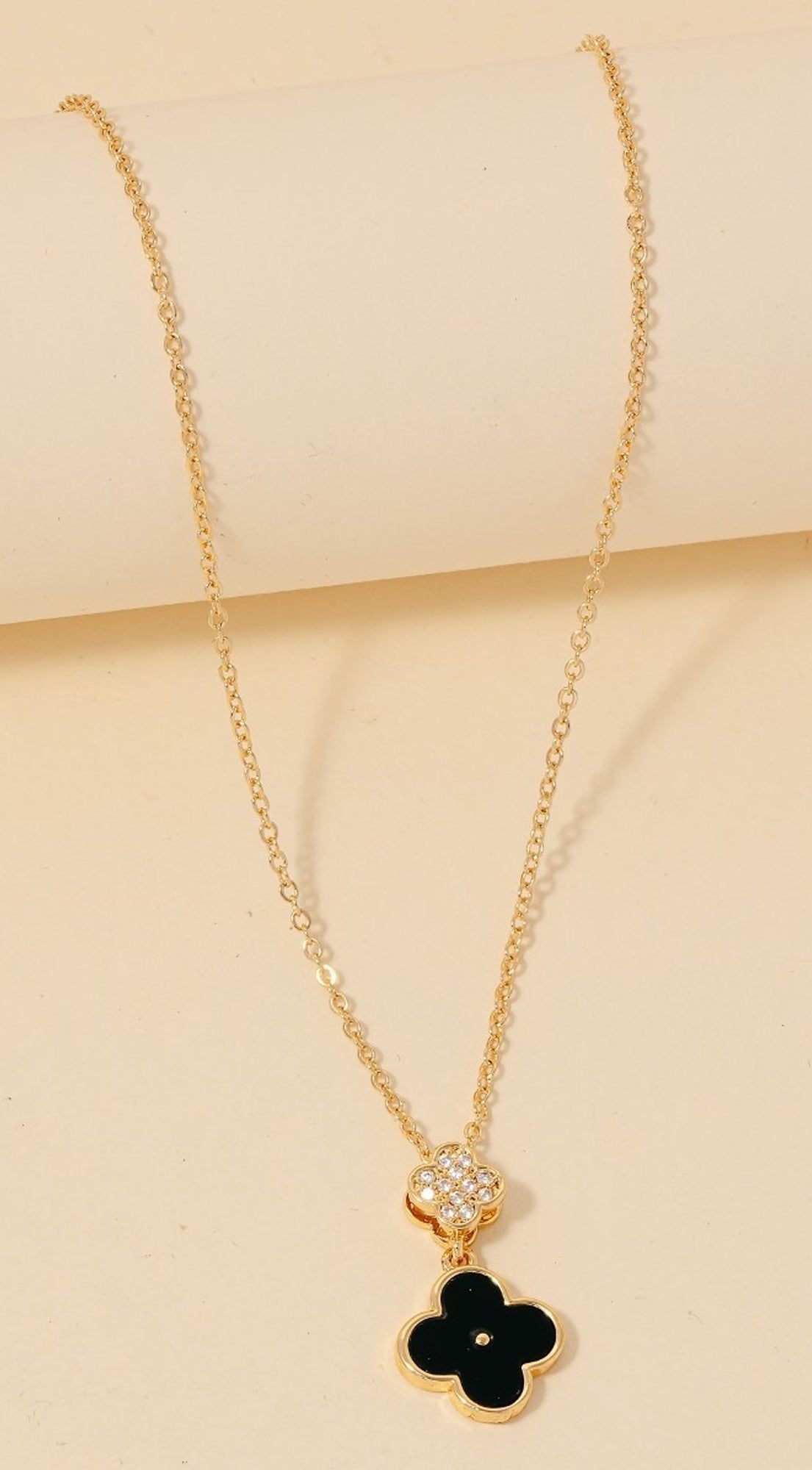 Gold Dipped Cz And Shell Clover Charms Necklace - Gold Black