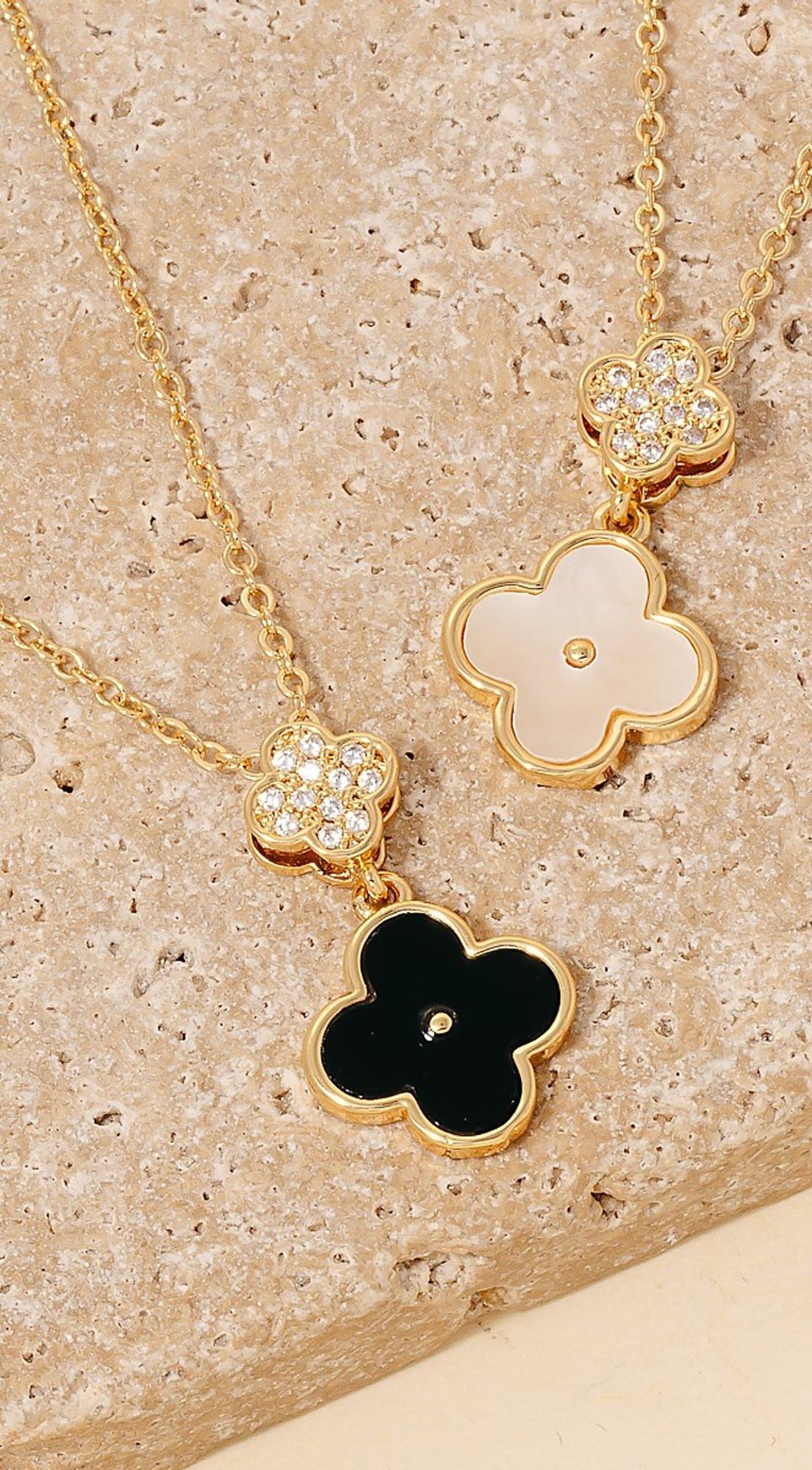 Gold Dipped Cz And Shell Clover Charms Necklace - Gold Cream