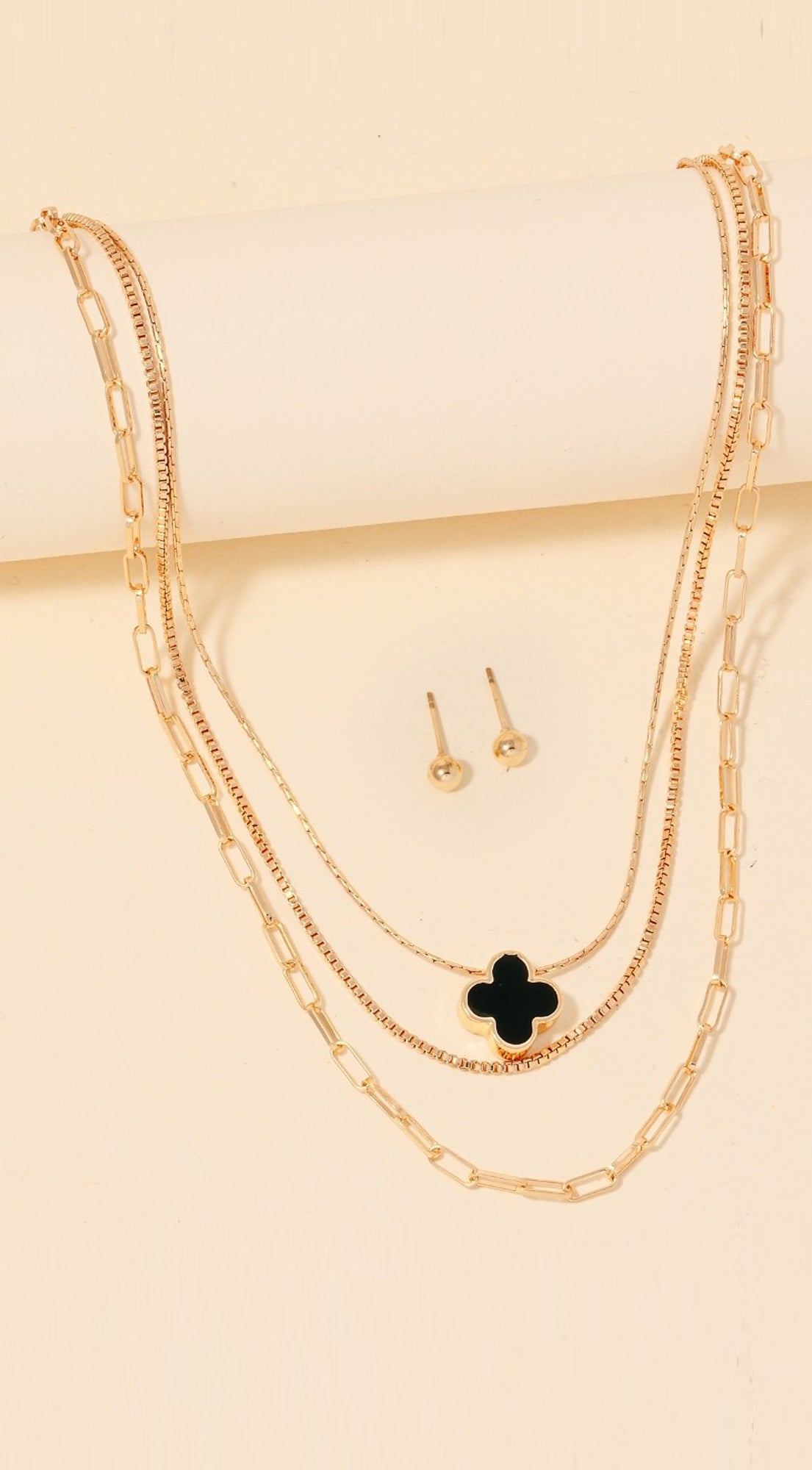 Clover Pendant Layered Chains Necklace Set - Gold