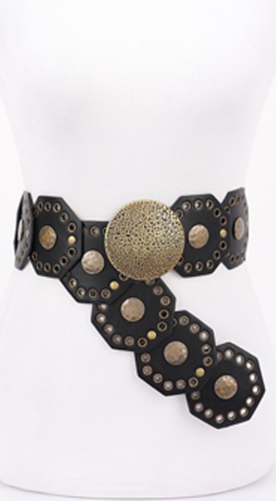 Antique Luxe Gold Disc Faux Leather Boho Western Waist Belt - Black