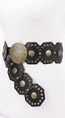 Antique Luxe Gold Disc Faux Leather Boho Western Waist Belt - Black