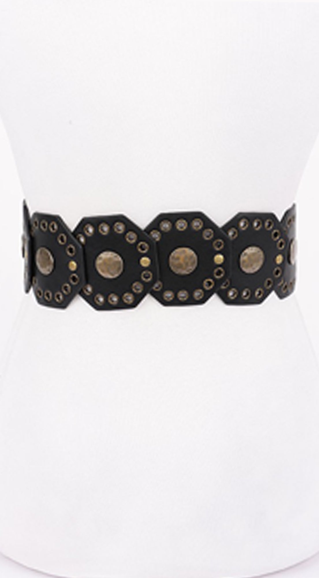 Antique Luxe Gold Disc Faux Leather Boho Western Waist Belt - Black