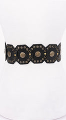 Antique Luxe Gold Disc Faux Leather Boho Western Waist Belt - Black