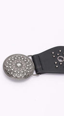 Vanna Silver Disc Faux Leather Boho Western Waist Belt - Black