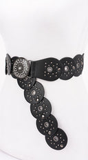 Vanna Silver Disc Faux Leather Boho Western Waist Belt - Black