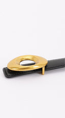 Maya Metal Buckle Faux Leather Belt styled on model texture detail