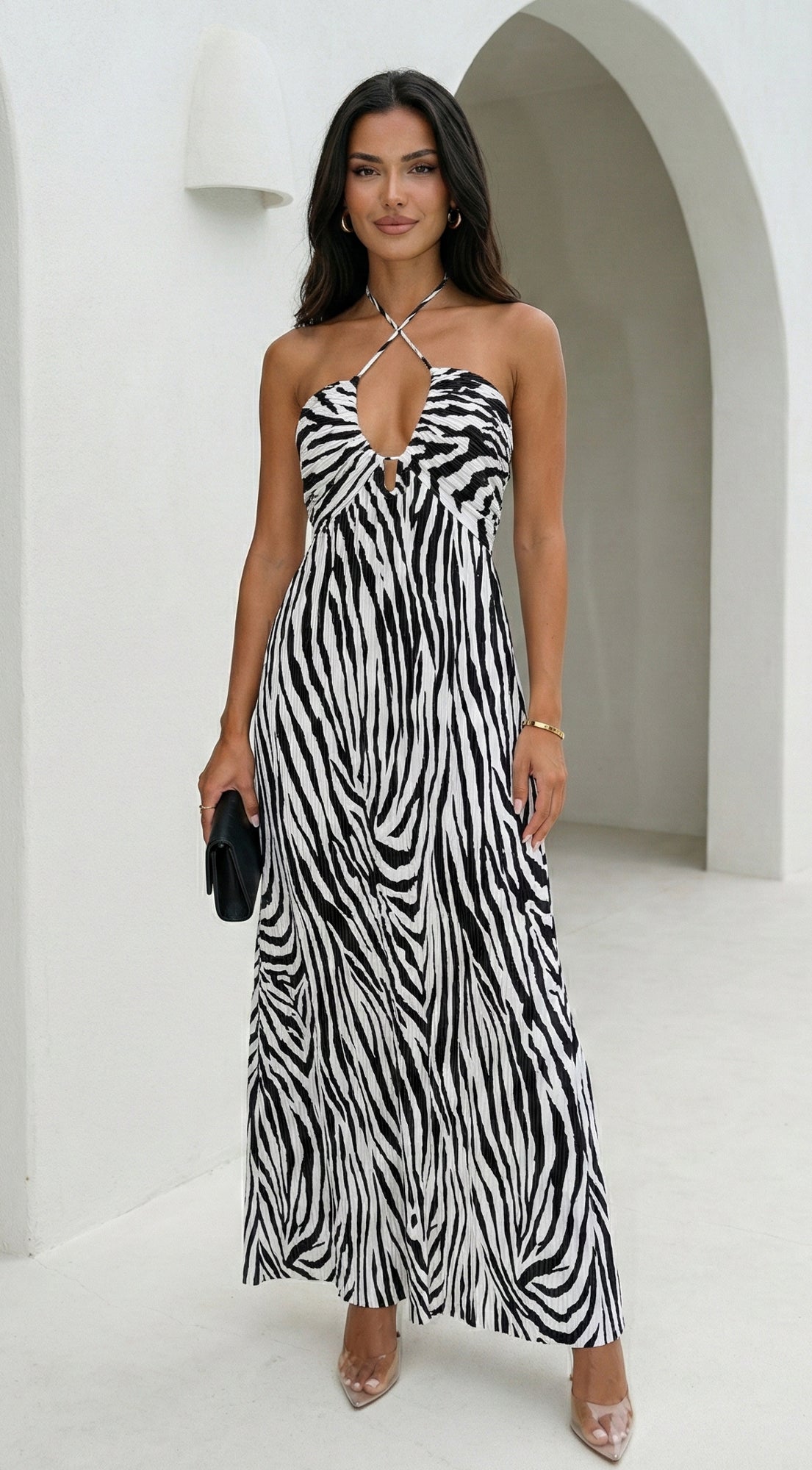 Noemiya Zebra Pleated Halter Maxi Dress - White