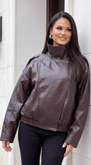 Dresden Faux Leather Moto Bomber Jacket - Brown