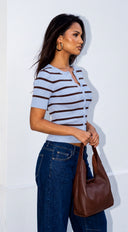 Jessia Stripe Ribbed Button Cardigan Sweater Top - Blue Multi