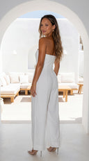 Elarya Tube Wide Leg Jumpsuit in White embellishment and trim close-up