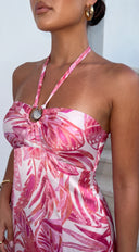 Calira Tropical Print Halter Satin Maxi Dress - Pink