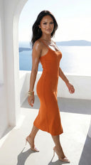 Sana Ribbed Side Slit Cami Midi Dress in Orange Rust hemline and silhouette detail