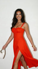 Camden Corset Side Slit Midi Dress in Red side profile view on model