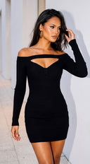 Auvessa Cutout Off Shoulder Ribbed Mini Dress - Black