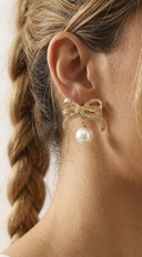 Twinkling Rhinestone Bow Pearl Drop Earrings - Gold