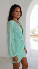 Deniz Surplice Mini Dress in Mint Green side profile view on model