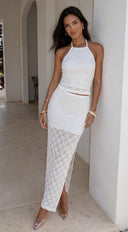 Mykonia Textured Crochet Halter Maxi Set - Cream White